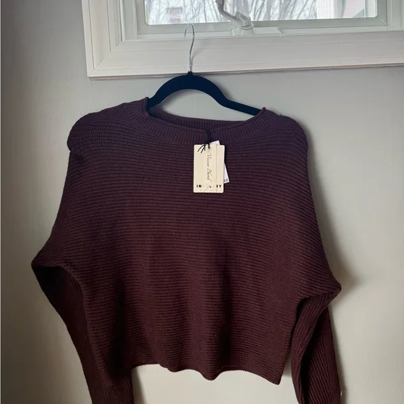 Cropped Ribbed Crew Neck Sweater - Deep Chocolate Brown - Picture 1 of 5